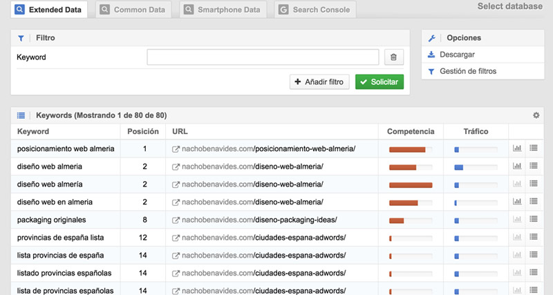 Sección Keywords de Sistrix